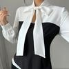 Spring Summer Women's Bow Tie Blouse, European Size Elegant Office Shirt with Long Sleeves, Minimalist Business Casual Top for Workwear