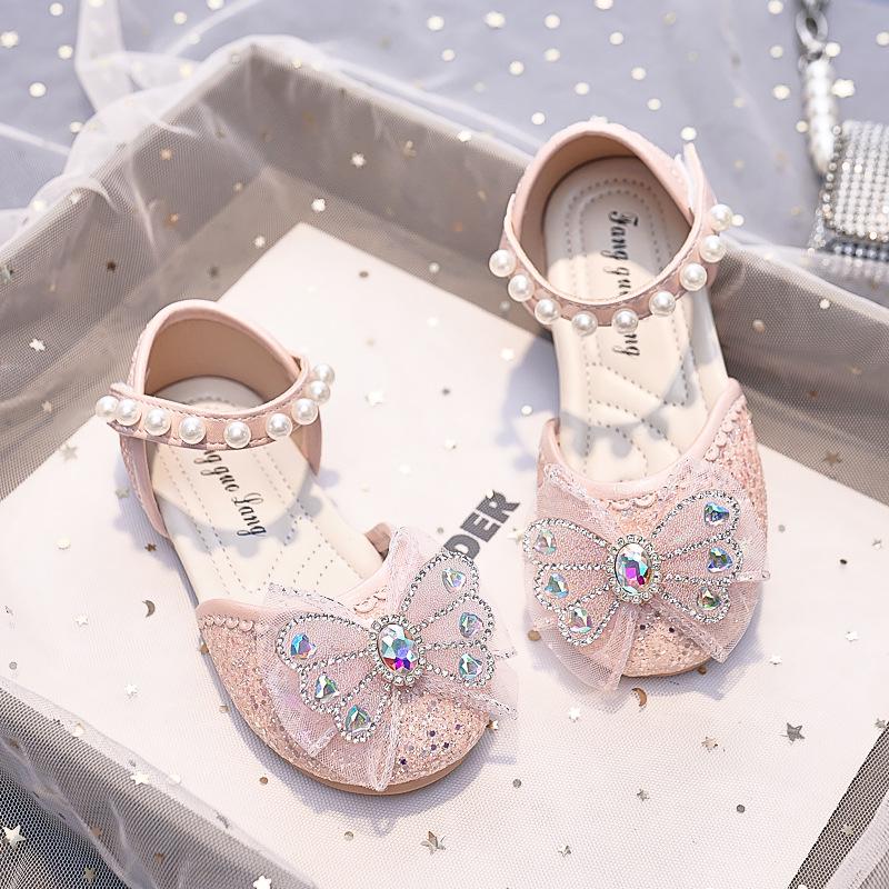 New 2025 Summer Rhinestone Bowknot Closed-Toe Princess Shoes for Girls - Soft Sole Sandals 28