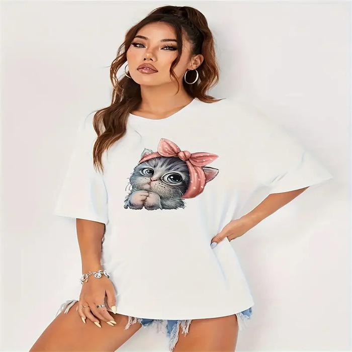 

Летний топ с круглым вырезом и принтом, модные повседневные милые женские футболки из чистого хлопка с короткими рукавами S