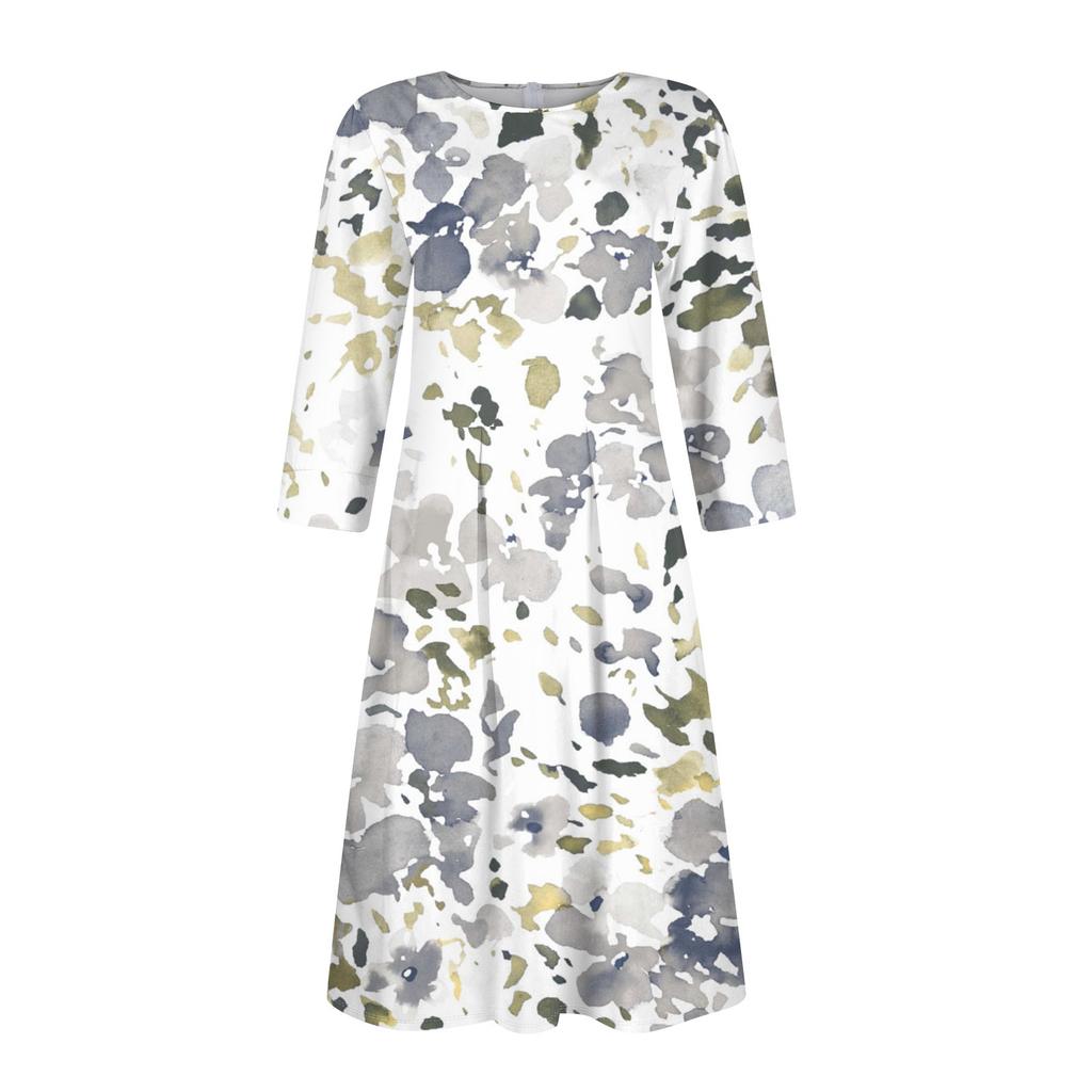 Kadınların Rahat Ve Şık 3/4 Kollu Cepli Arka Fermuarlı Elbise