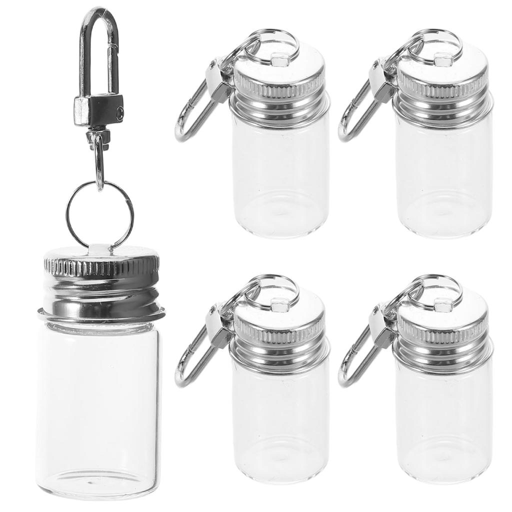 INOOMP 5-Piece Mini Glass Bottle Keychain, Clear Small Bottles, Airtight, Small Item Storage Containers, 7ml