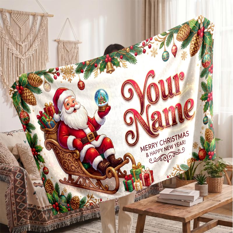 Christmas Custom Name Printed Flannel Blanket Warm Comfort Bed Throw Home Decor Holiday Gift