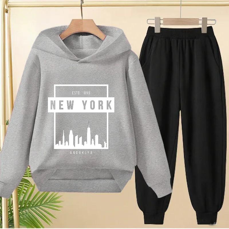 Spring Autumn New York BrookLyn Letter Print 2pcs Hoodie+Pants Tracksuits 3-13 Years Boys Girls Streetwears Children Clothes