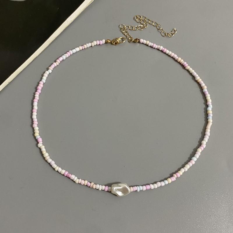Fashion Boho Beads Necklace Women Imitation Pearl Seed Beaded Strand Short Choker Necklace Handmade Female Jewelry