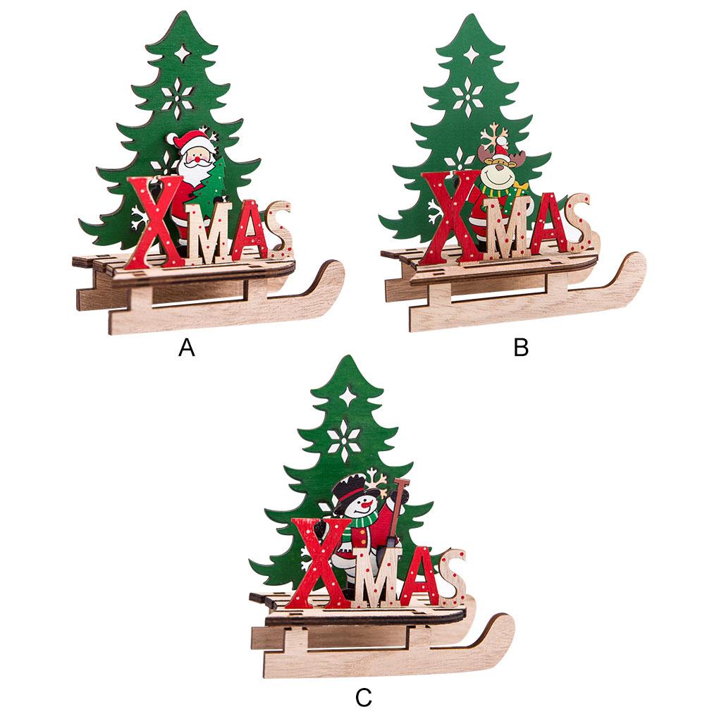 Christmas Assembled Ornament DIY Handmade Sleigh Wooden Craft Xmas Table Decoration Small Snowman