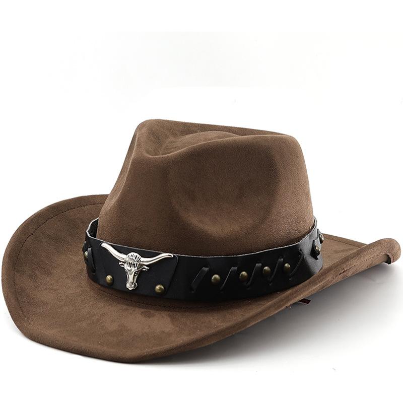 Western denim roll-up edge big edge denim hat bull head accessories imitation leather velvet jazz hat riding hat