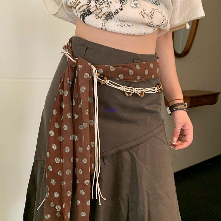 Bo Xi Retro Polka Dot Silk Scarf & Waist Chain for Women - Versatile Belt for Dresses and Jeans