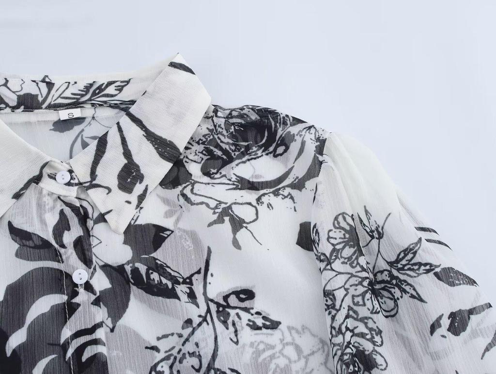 2025 Spring Women's European & American Style Ruffle Trim Printed Chiffon Long Sleeve Shirt