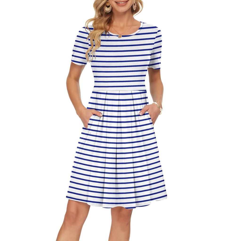 Women's Short Sleeve Dress Pleated Loose Swing Casual Dress With Pockets Knee Length Dresses