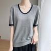 Bamboo-joint Linen Round-neck Contrasting Color Knitted Short-sleeved Summer New Versatile U-neck T-shirt Thin Top