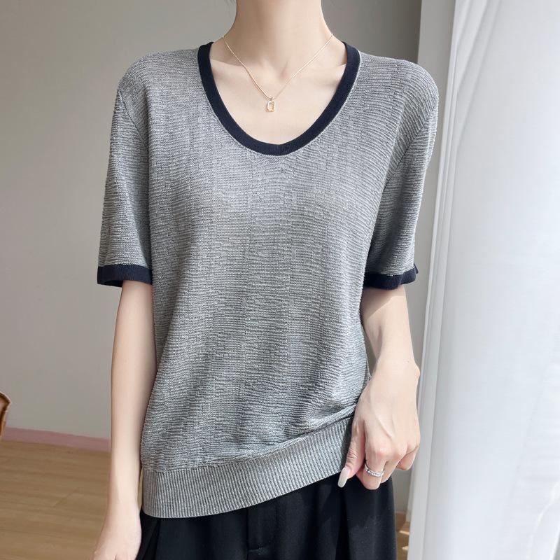 Bamboo-joint Linen Round-neck Contrasting Color Knitted Short-sleeved Summer New Versatile U-neck T-shirt Thin Top