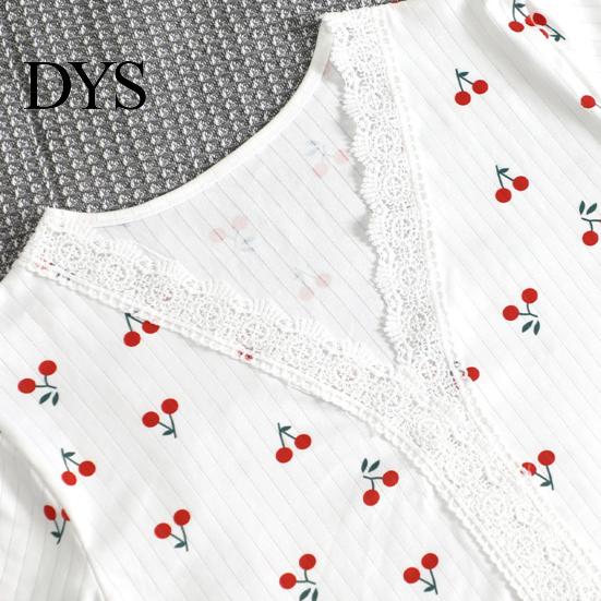 Lady Sleepwear Set 2 Pcs/Set Pajamas Suit Lace Splicing V Neck Short Sleeve Top Pajama Cherry Printing Comfort Homewear Outfit Casual Shorts Nightwear