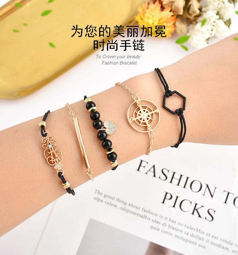 Hot Sale Copper Tube, Compass Personality Bracelet Black Hexagonal Diamond Five-piece Bracelet Women
