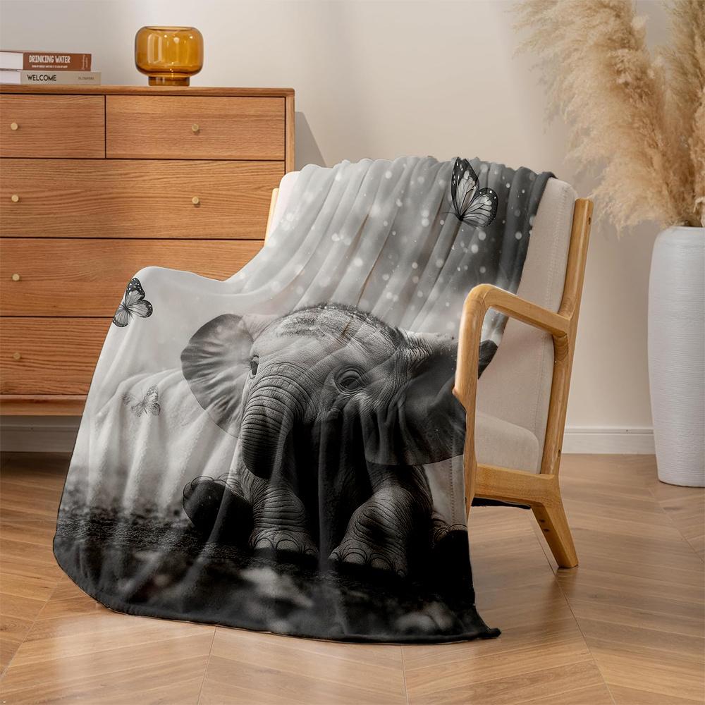 1pc Cute Elephant & Butterfly Black White Grey Plush Fleece Blanket - Soft Thick Warm All-Season Bedspread, Room Decor, Couch