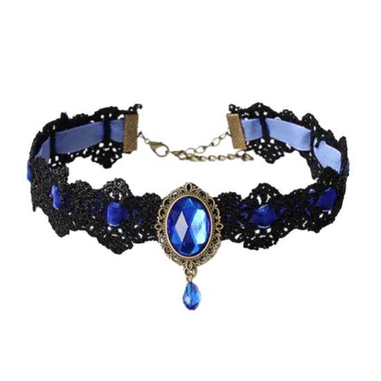 Vintage krajkový náhrdelník Gotický choker s oválným umělým drahokamem Dámský krajkový choker pro Cosplay Denní nošení Kostýmové večírky