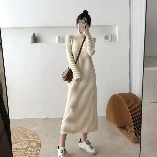 Women's Mid-Length Wool Knit Dress - Loose, Long Sleeve, Half-High Collar, Perfect for Layering Under Coats, Autumn & Winter Wear.