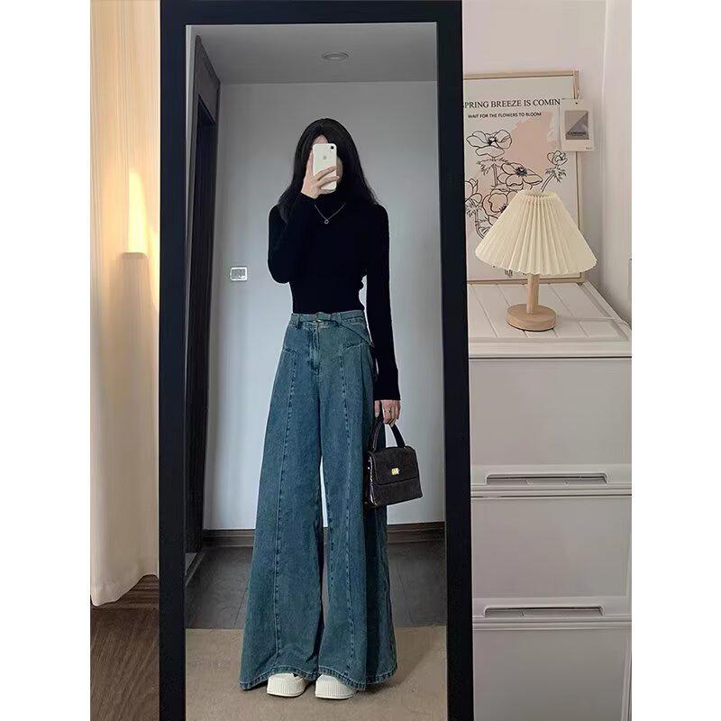 Hong Kong Retro Blue High Waist Wide Leg Floor-Length Jeans for Women S
