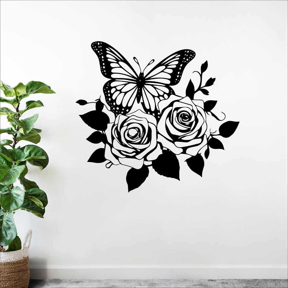 Butterfly Rose Metal Wall Art, Elegant Romantic Iron Statue for Valentine Wedding Garden Fence Indoor Outdoor Decor, Farmhouse Hanging Ornament