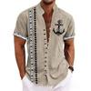 Men Ethnic Front Print Stand Collar Short Sleeve Loose Casual Linen Shirt