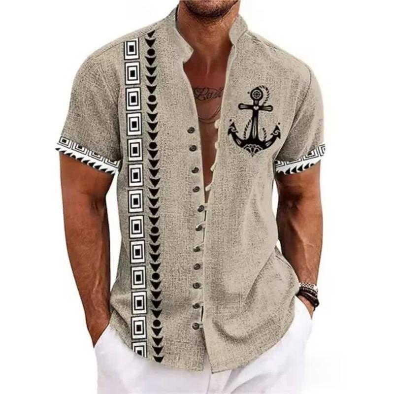 Men Ethnic Front Print Stand Collar Short Sleeve Loose Casual Linen Shirt