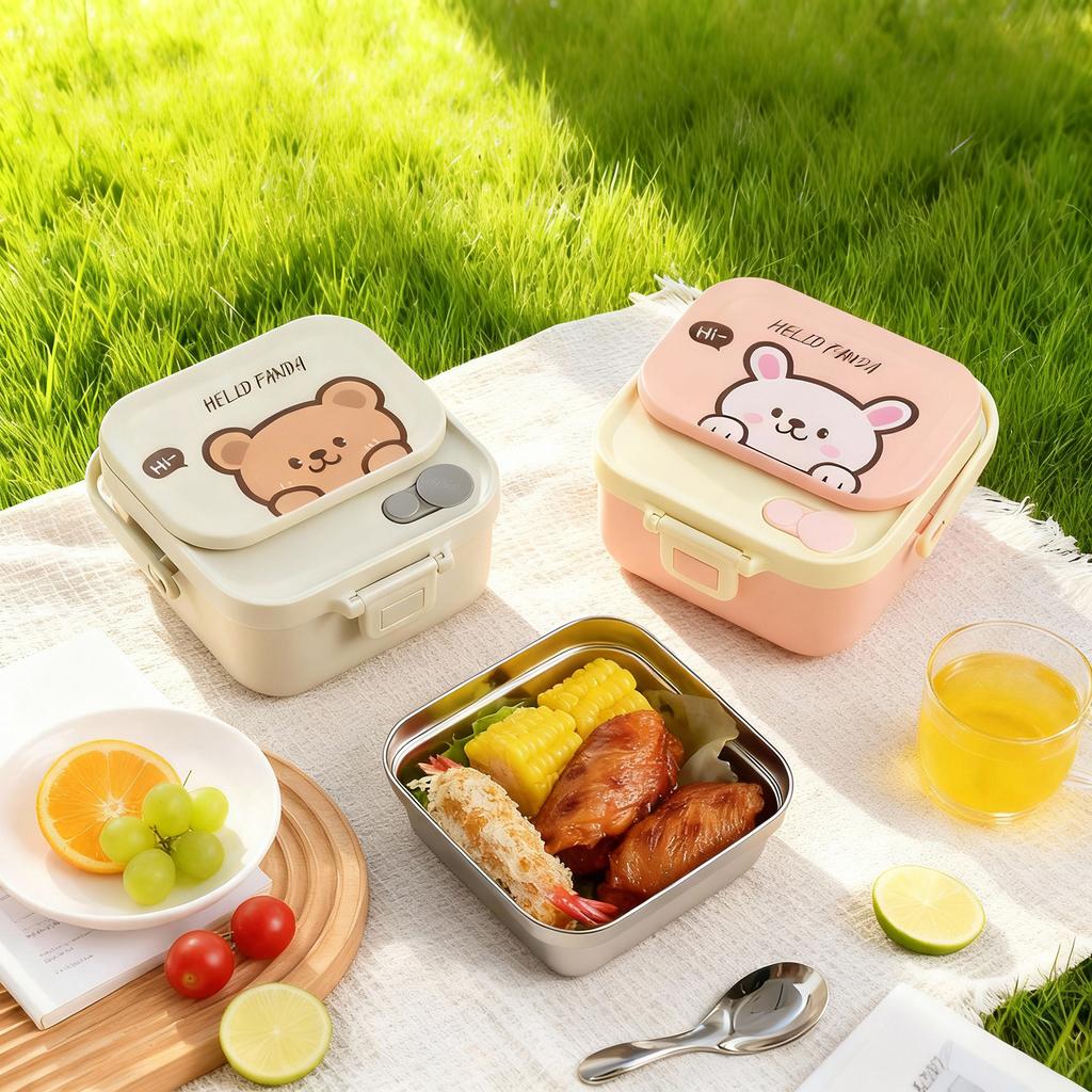 304 Stainless Steel Handheld Lunch Container Leak-proof Cartoon Square Children's Bento Lunch Box With Fork Spoon Microwave Safe