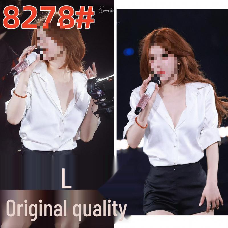 Zhao Lusi Style French White Satin V-Neck Women s Slim-Fit Long-Sleeved Top XL