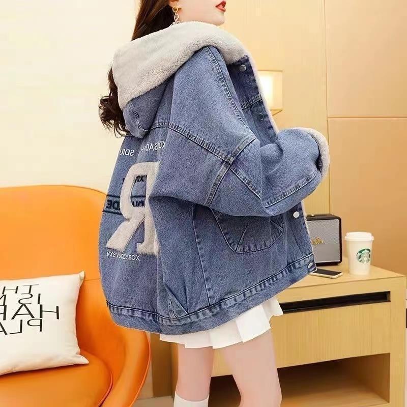 

Fleece and Thickened Hooded Denim Jacket Women s Autumn and Winter Clothing New Loose and Lazy Versatile Cotton-padded Clothes 3XL