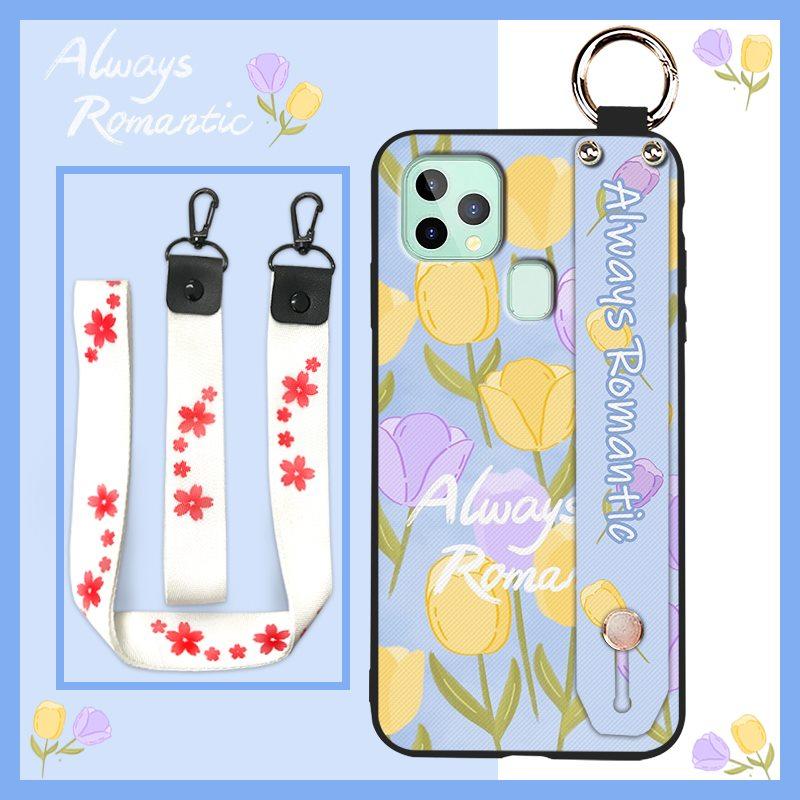 Anti-knock Flower Phone Case For Oukitel C22 Ring Back Cover Dirt-resistant Fashion Design Silicone Wrist Strap Lanyard