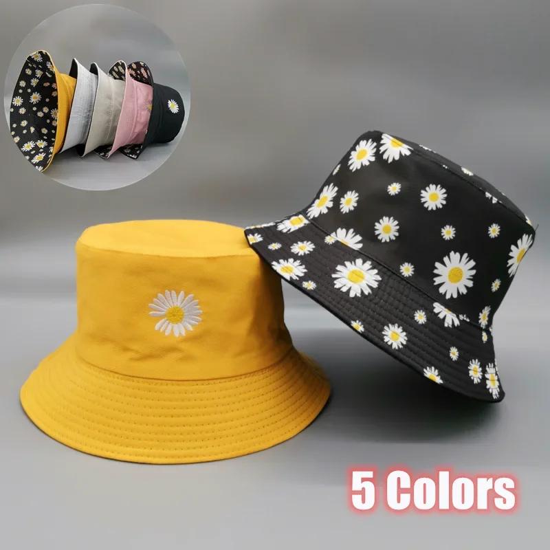 Fashion Fresh Double-sided Daisy Embroidery Summer Daisies Bucket Hat Unisex Fashion Cotton Beach Sun Floral Hat Fisherman Hat