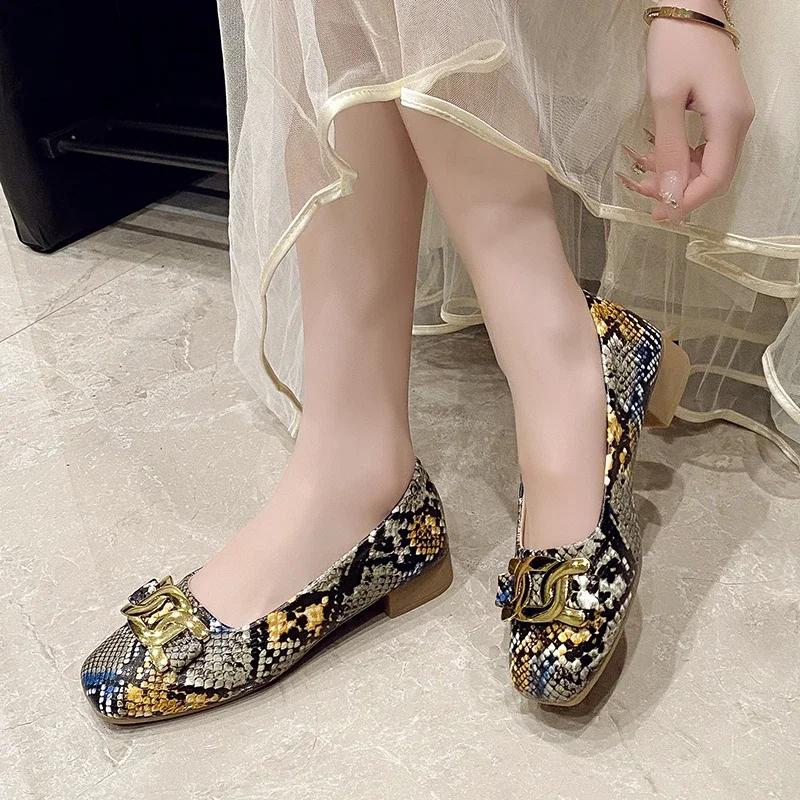 Fashion 2025 High Quality Ladies Shoes Summer Snake Print Square Toe Slip-On High Heels Metal Decoration Fashion Pumps for Office Shoes
