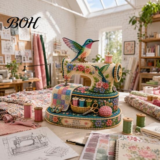 Desktop Decorative Craft Tiny 3D Beaded Sewing Machine DIY Kit for Kids & Adults, Exquisite Hummingbird Handmade Bead Set, Stress Relief Creative