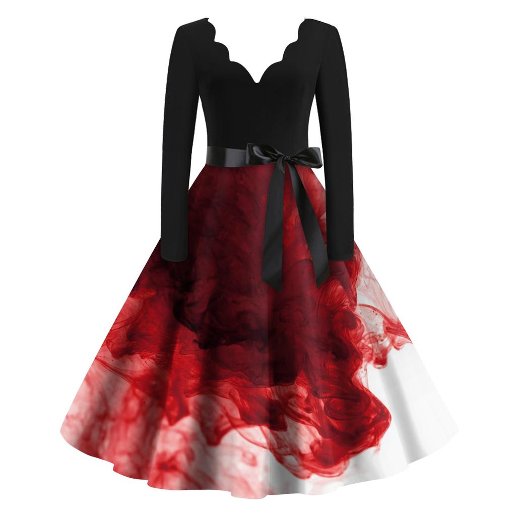 Women's Casual Fashion Halloween Printed V-Neck Vintage Dress