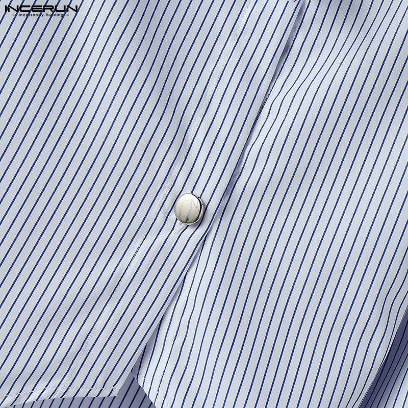 INCERUN Herren Outfits Stehkragen Gestreifte Langarm Crop Tops Reißverschluss High Waist Lange Hosen Sets