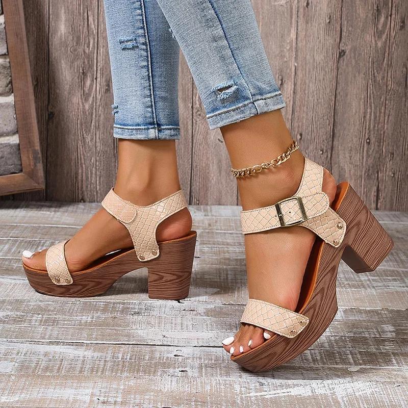 Fashion Women Sandals Retro Plus Size Thick High Heels Sandals Non Slip Gladiator Shoes for Women Ankle Buckle Platform Summer Sandals