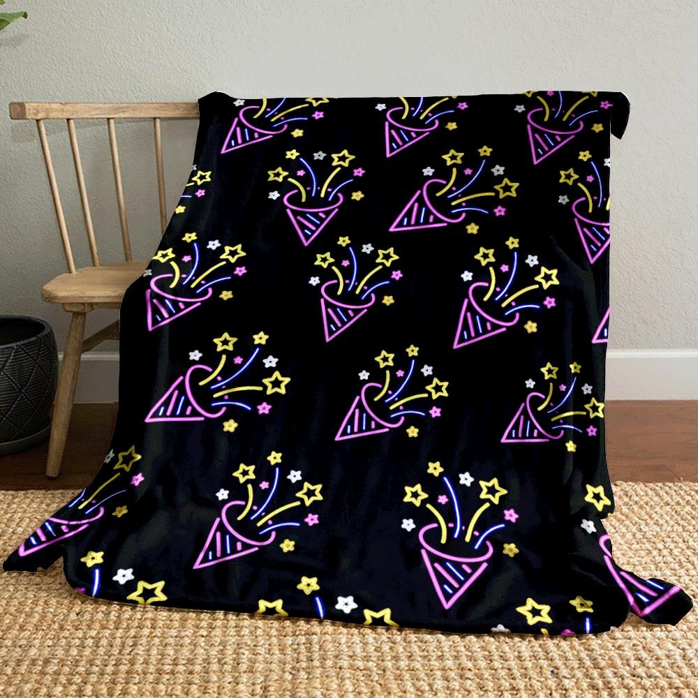 Festive neon party poppers with colorful stars on a black background. for all seasons blanket lunch break throw gift
