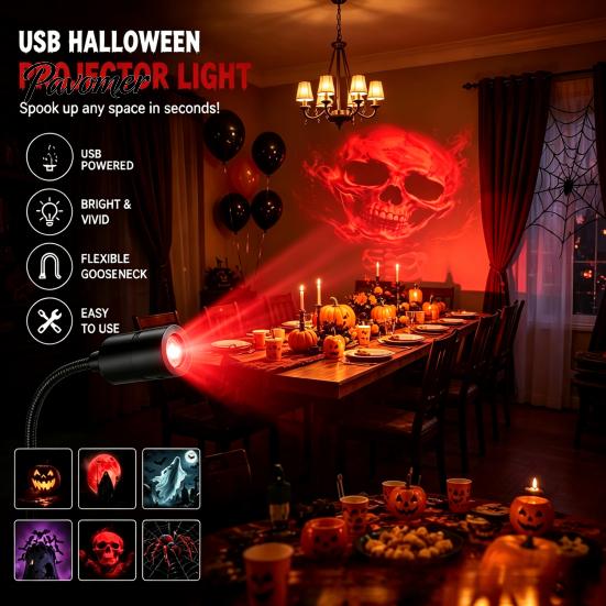 Bedroom Ceiling Projector Halloween Night Light Projector, 6 Horror Projection Discs, 360-degree Adjustment, USB Festive Room Lighting Powered
