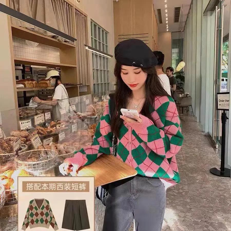 Sweet Preppy Style Sping Autumn New Sweaters Coats Women V-Neck Lingge Contrast Color Button Long Sleeve Cardigan Knitted Tops