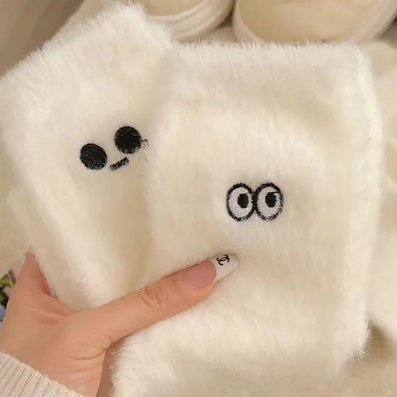 5pcs Cartoon Eyes Mink Plush Socks Women Girls Autumn Winter Thickened Warm Stocking Cold-proof Home Floor Sleeping Socks