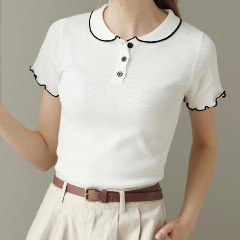 Tricou simplu cu guler polo, mânecă scurtă, culoare contrastantă, croială slim fit, tricotat din mătase de gheață, top nou cu guler pătrat pentru femei, vară