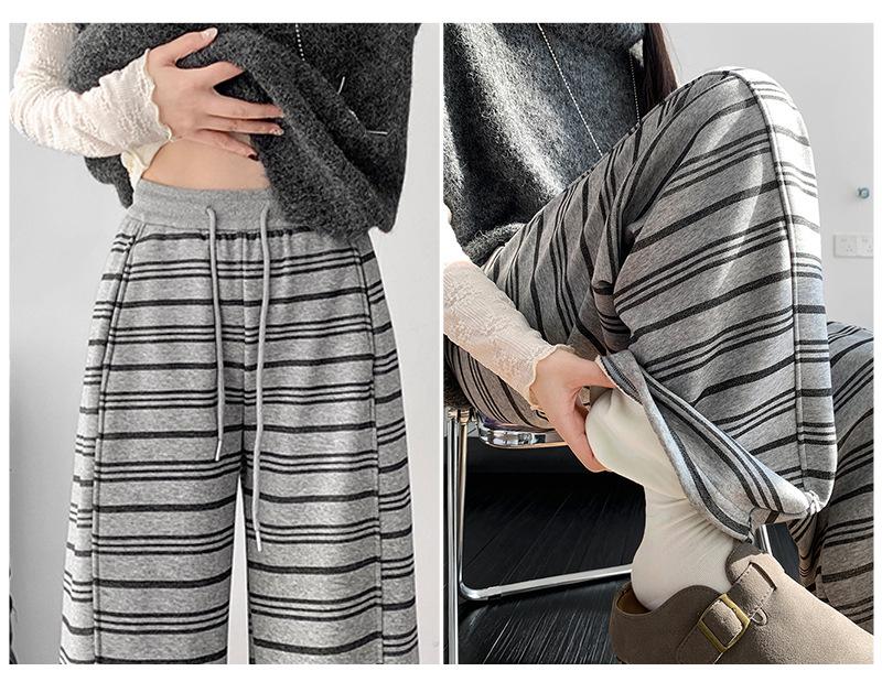 Women's High-Waist Fleece-Lined Striped Wide-Leg Pants for Autumn and Winter