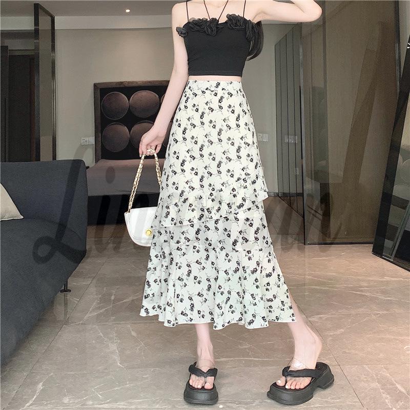 Plus Size Floral High Waist Patchwork Summer Midi Skirt 4XL Plus Size цветочный/белый