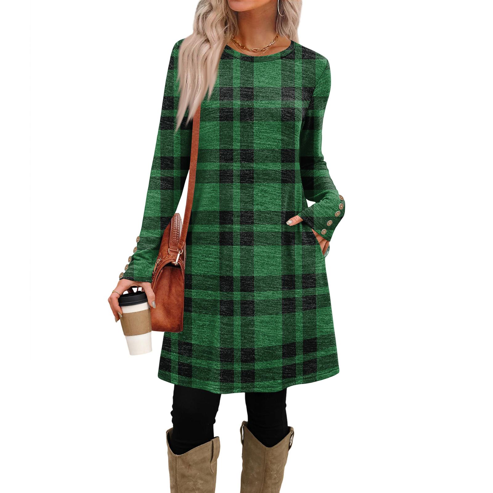 

Женское модное повседневное платье с карманами, декоративными пуговицами, круглым вырезом и длинными рукавами S