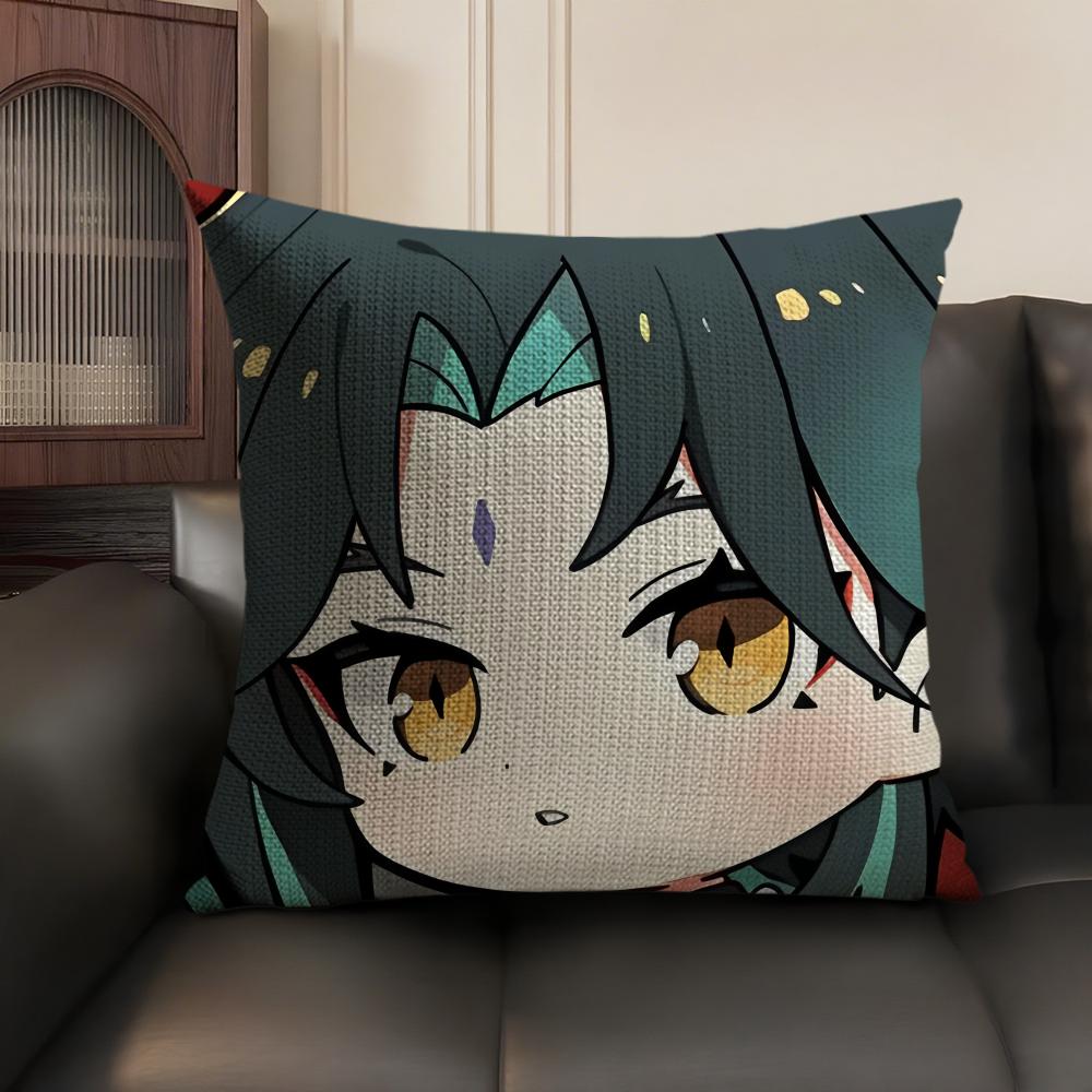 Xiao Cute Genshin Impact Cushion Cover Natural Linen Organic Fabric Double-Sided Printing Sofa Home Decor Gift Pillow Case
