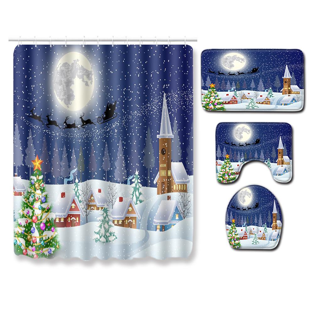 Christmas Shower Curtain Floor Mat Combination Four-Piece Set Kitchen Door Mat Bedroom Living Room Carpet