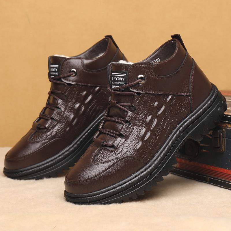 

Crocodile pattern men s boots winter 2025 new cotton boots men s leather lace-up velvet thermal casual high-top leather boots 44