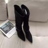 Autumn and winter new pointed braided belt buckle thick heel flanged boots suede thin