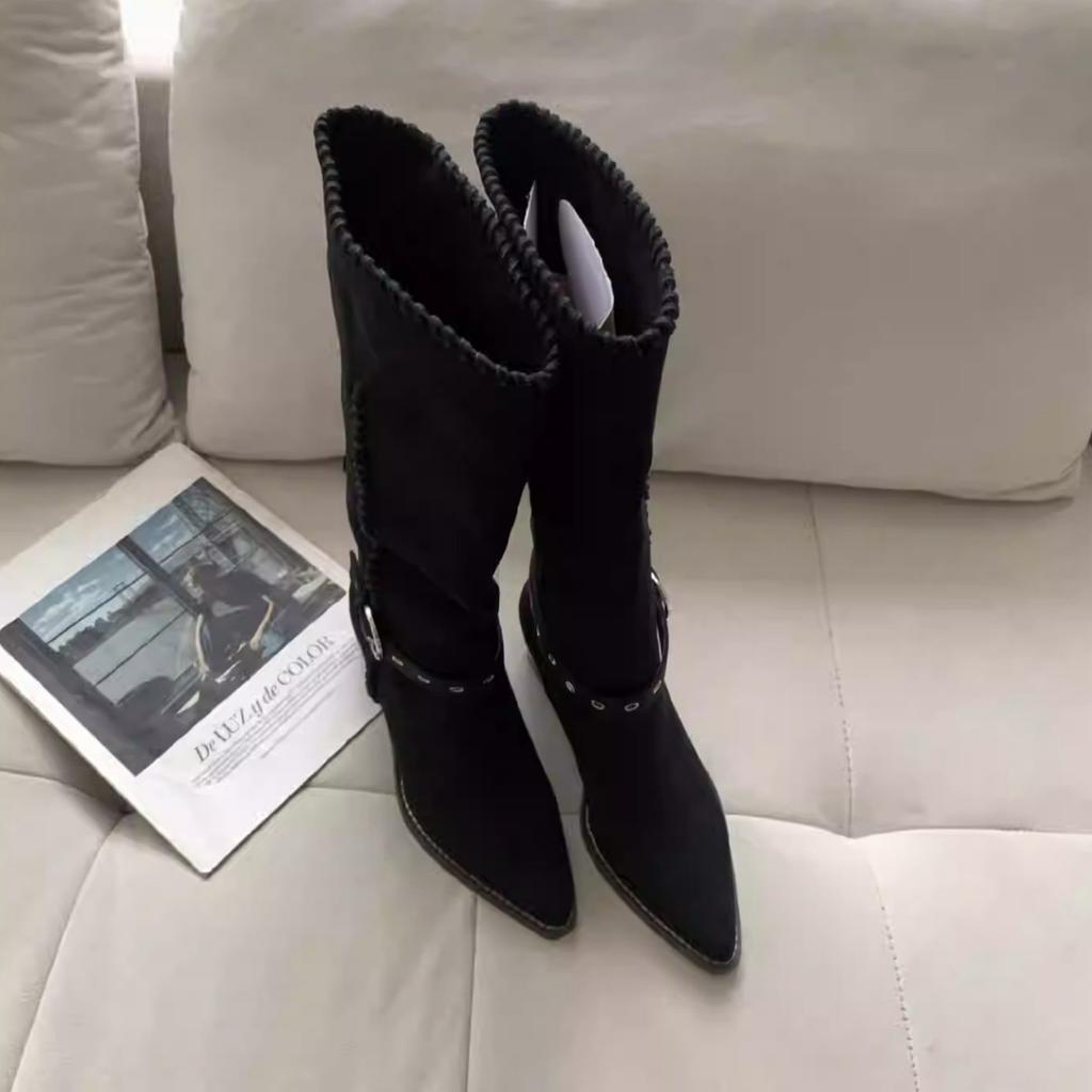 Autumn and winter new pointed braided belt buckle thick heel flanged boots suede thin