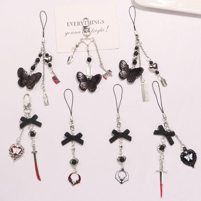 Trendy Phone Lanyard Gothic Style Butterfly Heart Keychain Pendant Durable Phone Strap Portable Phone Accessory for Keys