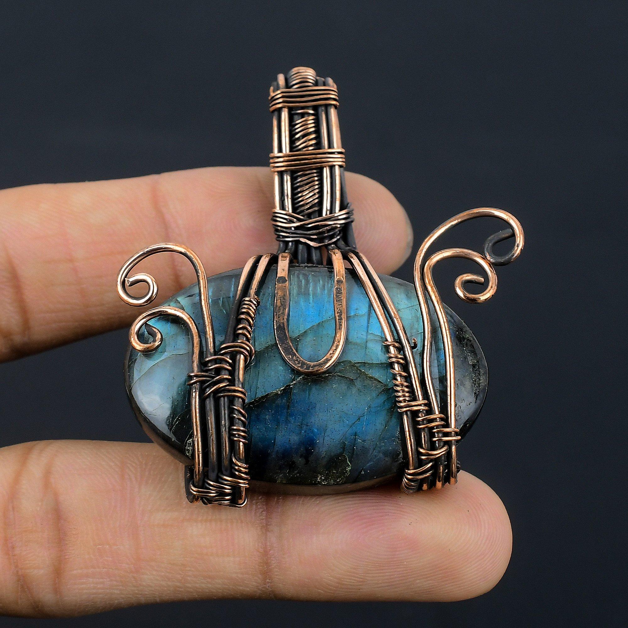 

Подвеска из лабрадорита, Подвеска ручной работы, обернутая медной проволокой 999 пробы, Антикварное украшение, Для подарка, Серебряное украшение 2.55 Inches