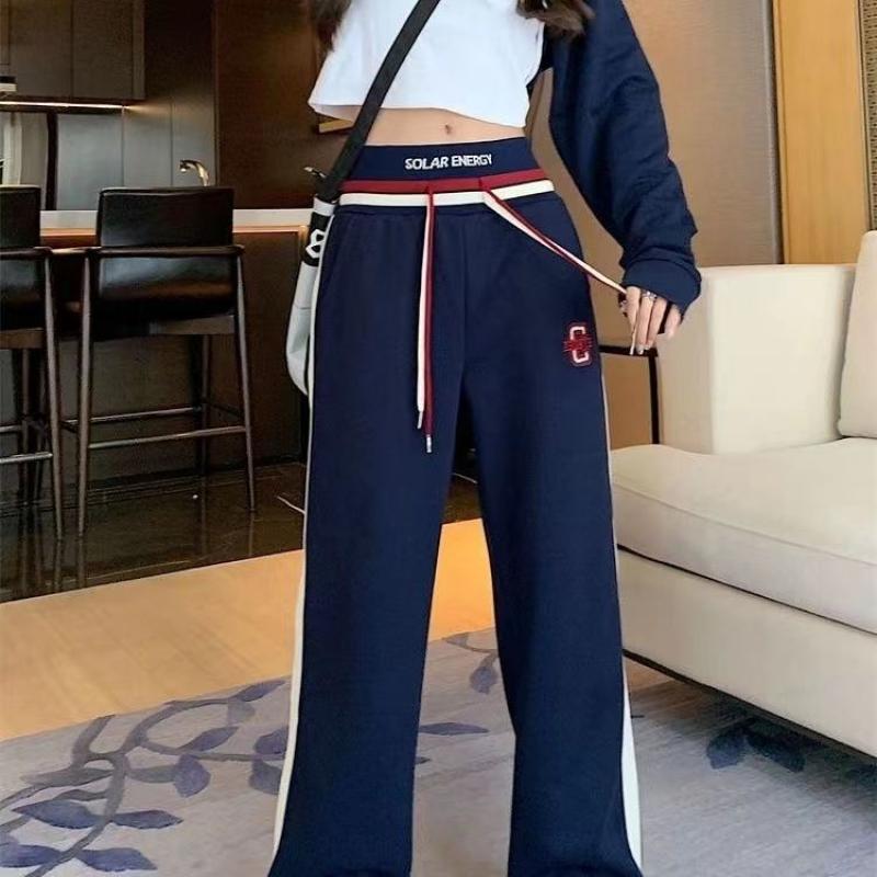 

2024 женская одежда, серые осенние спортивные повседневные свободные спортивные штаны с эластичной резинкой на талии, прямые широкие брюки на шнурке для бега L синий